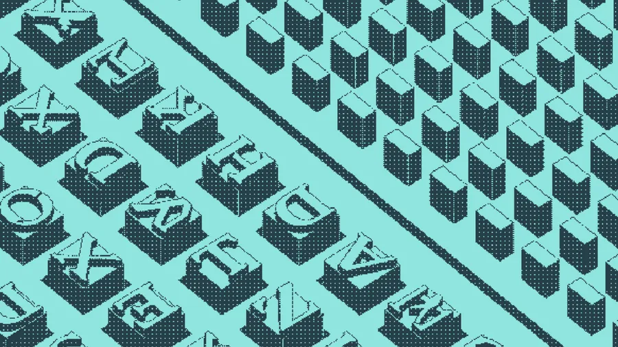 Blocks stamped with jumbled letters beside plain blocks in tidy rows