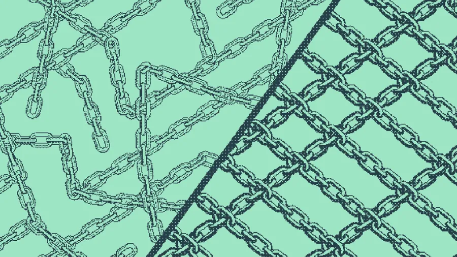 Tangled chain links on one side, a taut chain-link fence on the other