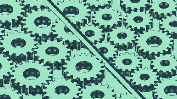 Interlocking gears meshed edge to edge across a diagonal seam