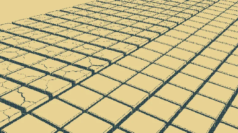 Cracked, uneven floor tiles giving way to a neat uniform grid