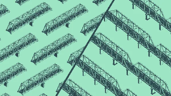 Parallel truss beams converging into a single branching fork
