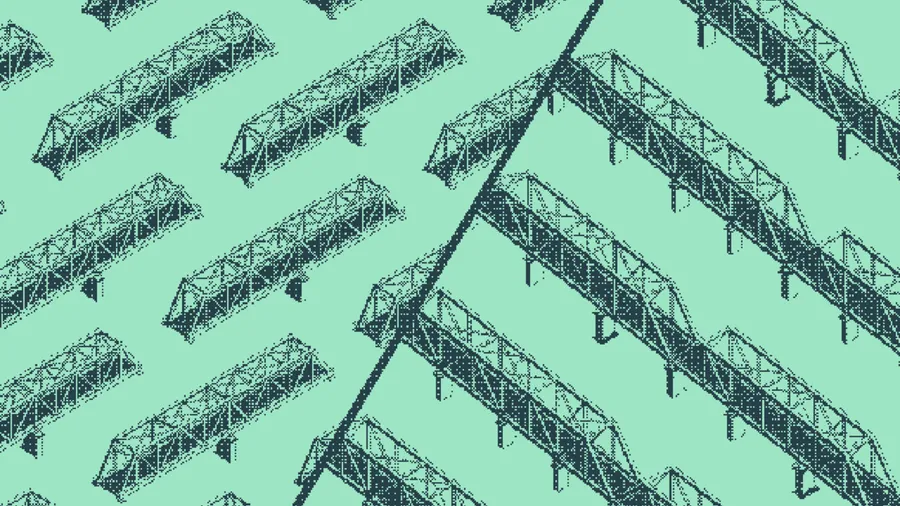 Parallel truss beams converging into a single branching fork