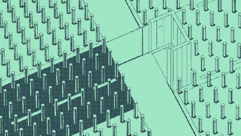 Upright bolts giving way to a solid enclosure and an open wireframe lattice