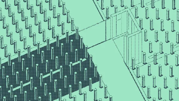 Upright bolts giving way to a solid enclosure and an open wireframe lattice