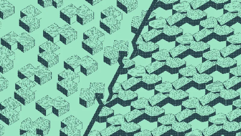 Scattered cube clusters beside a uniform chevron pattern of blocks