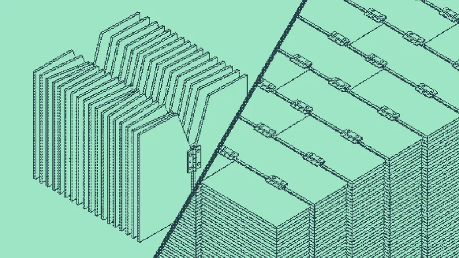 A pleated file divider fanned open beside a chain across paneled blocks