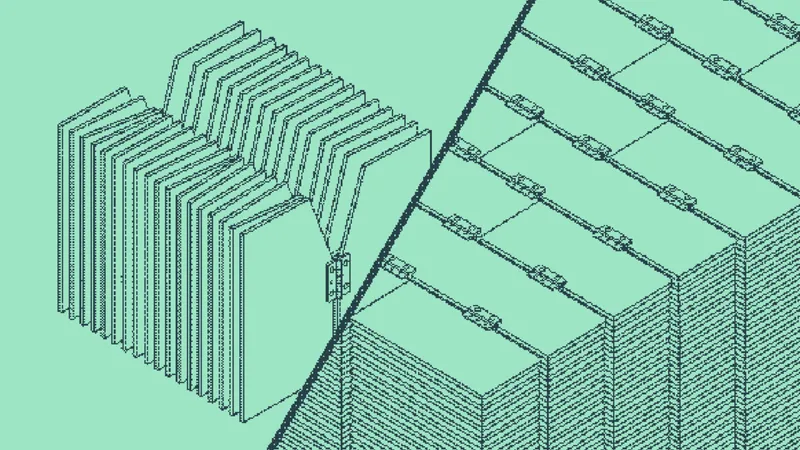 A pleated file divider fanned open beside a chain across paneled blocks