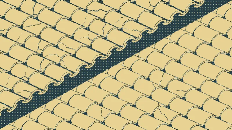 Scalloped roof tiles in uniform rows, broken by a diagonal bare band
