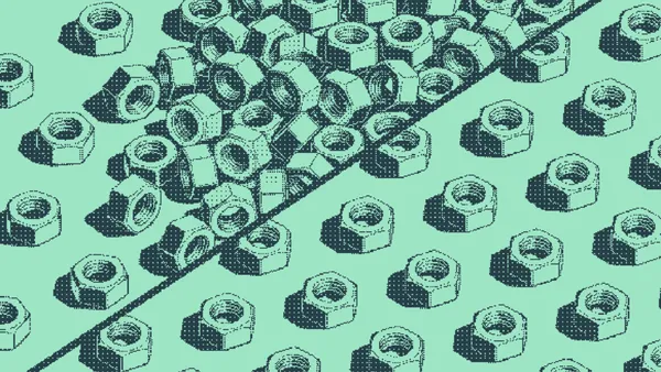 Hexagonal nuts tangled in a cluster beside neat diagonal rows of nuts