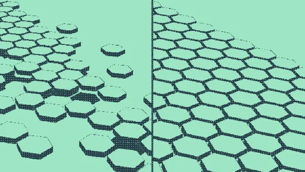 Hexagonal tiles scattered with gaps beside tiles fitted seamlessly