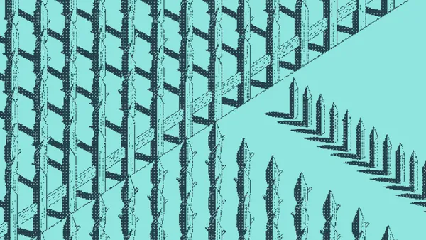 A crosshatched wooden trellis beside rows of upright spikes