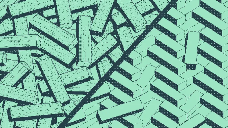 Wooden beams piled haphazardly beside beams laid in a herringbone