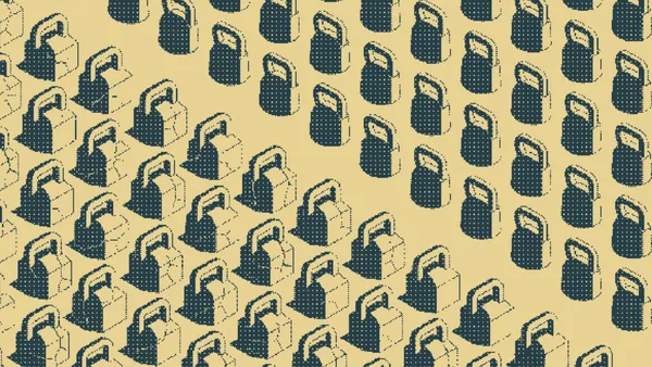 Padlocks packed in overlapping rows, thinning into an evenly spaced grid