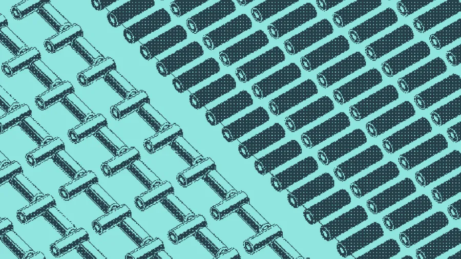 T-shaped pegs in loose diagonal rows beside tightly packed rods