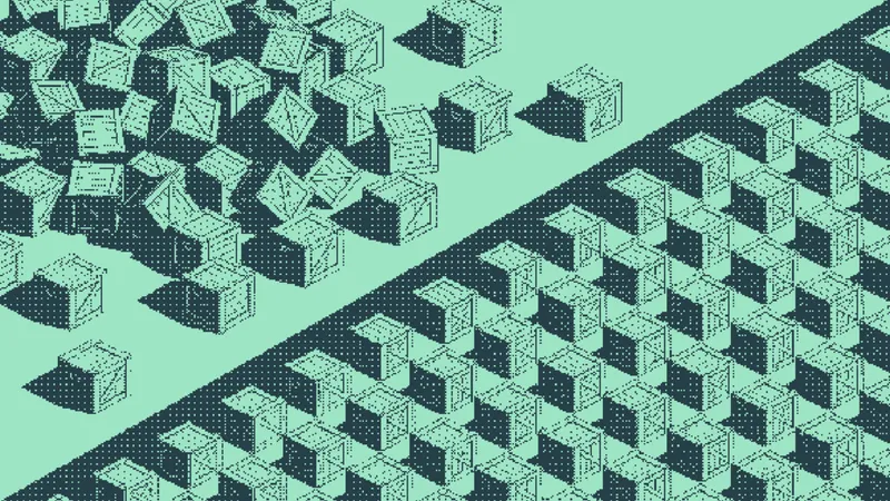 Jumbled wooden crates beside identical crates stacked in a neat grid