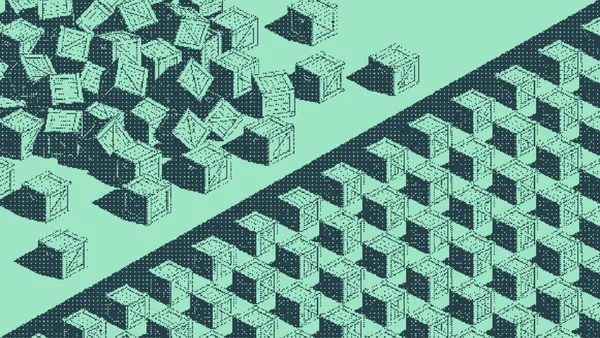 Jumbled wooden crates beside identical crates stacked in a neat grid